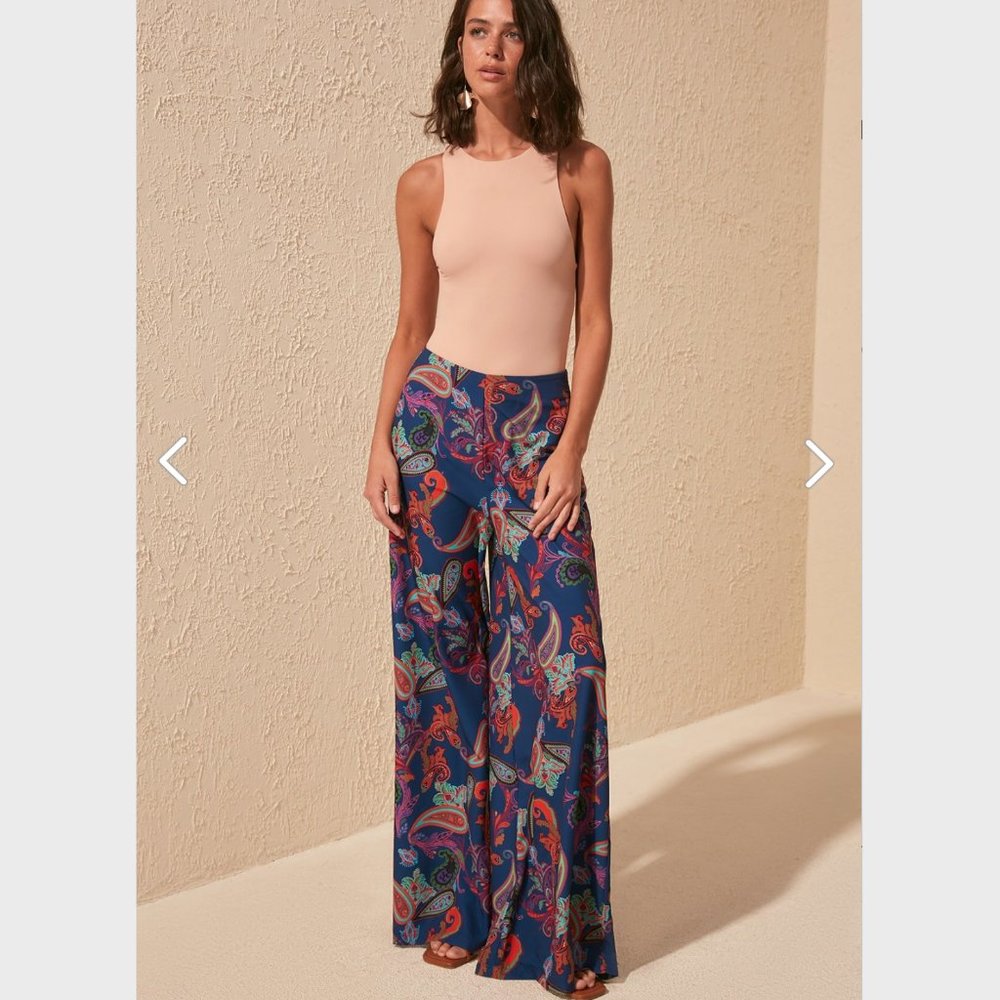 Organic Boho Navy Blue Patterned Wide Leg Trouser - Picture 6 of 11